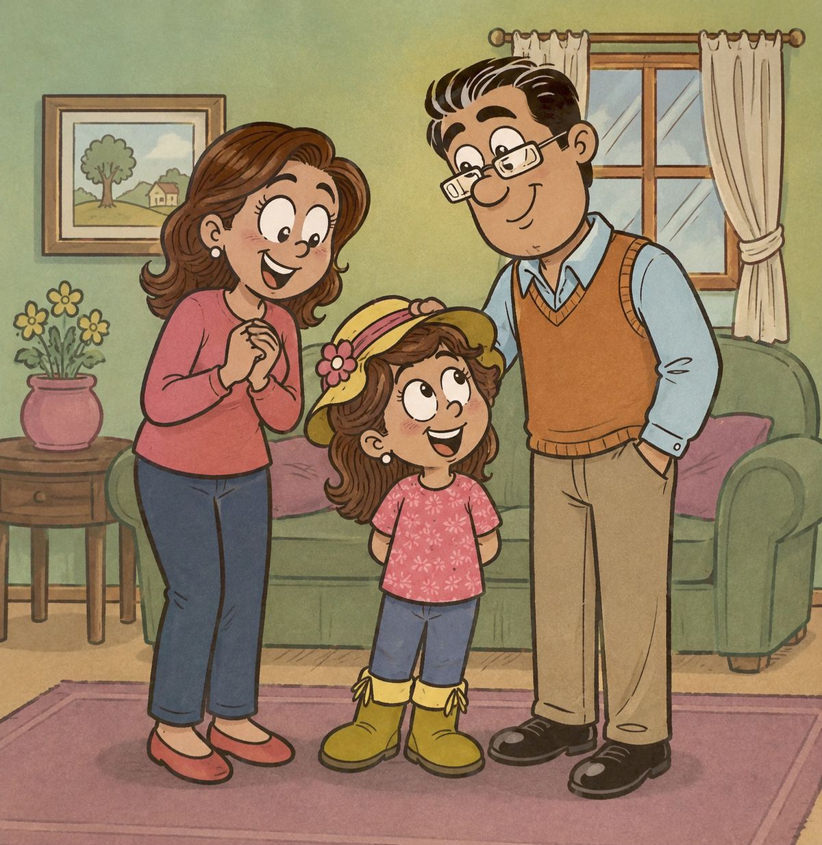 Illustration of Botitas with her parents in a cozy living room setting.