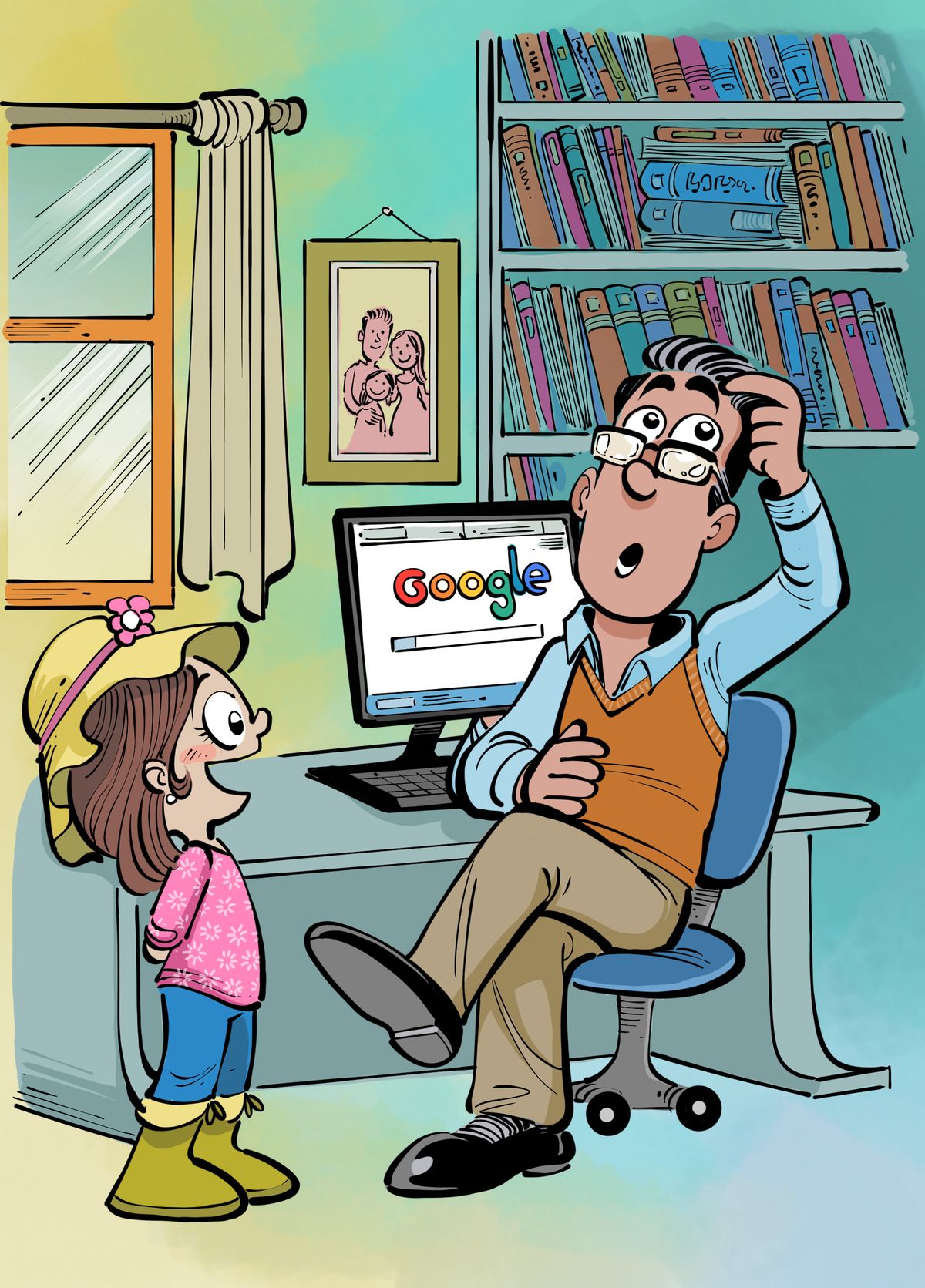 Illustration of Botitas and a man pointing to his head, with a thought bubble showing a brain and a heart.