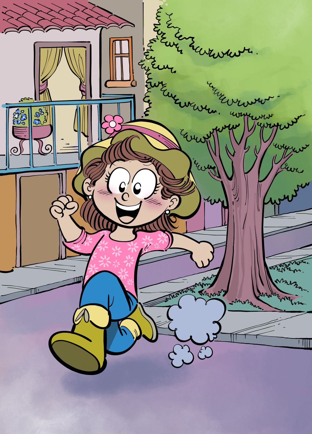 Illustration of Botitas with her parents in a cozy living room setting.